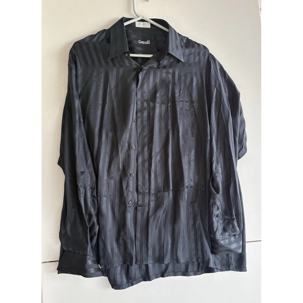 Vintage Genelli Black 100% Silk Shadow Stripe Dress Shirt Button Down Retro L
